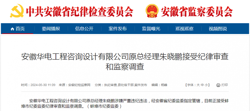 安徽华电工程咨询设计有限公司原总经理朱晓鹏被查