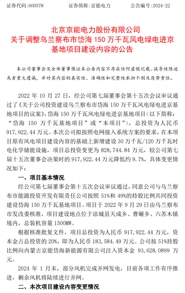 总投资降9.7%！京能电力调整乌兰察布1.5GW风电绿电进京