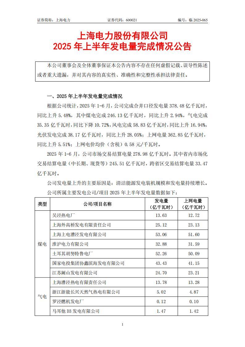 上海电力：2025年1-6月光伏发电完成38.17亿千瓦时，