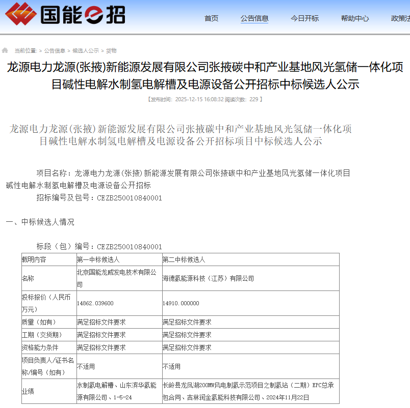 中标 | 报价最低1.486亿！国能龙威、海德氢能预中标龙源